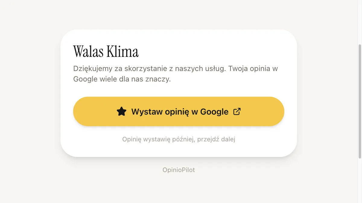 Strona, którą klient widzi po SMS: nazwa firmy i przycisk wystawienia opinii